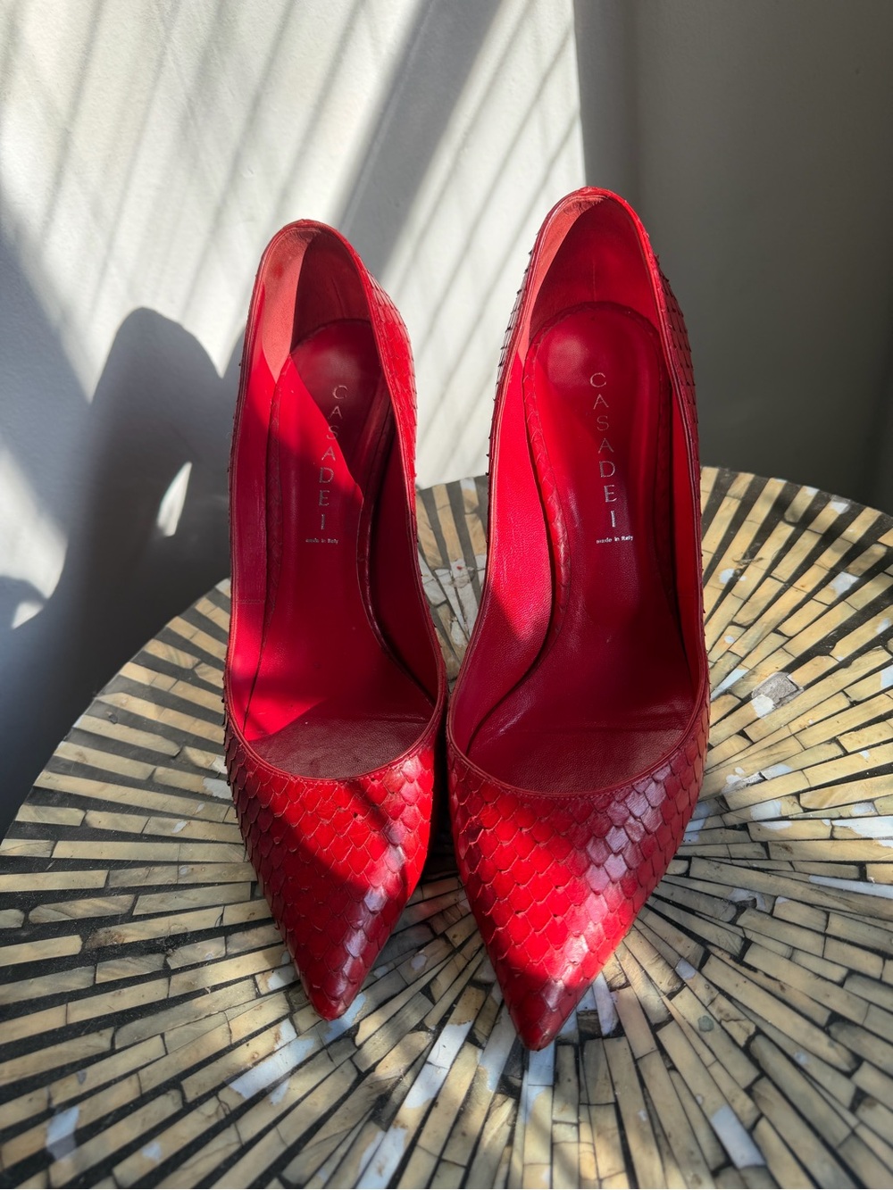 Casadei Red Snakeskin Pointed-Toe Pumps